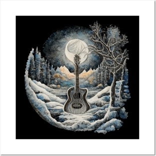 Cottagecore Acoustic Guitar In Winter Landscape Posters and Art